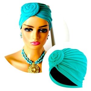 Teal Turquoise Blue Turban Satin-Lined Head Wrap Chemo Hat Gift